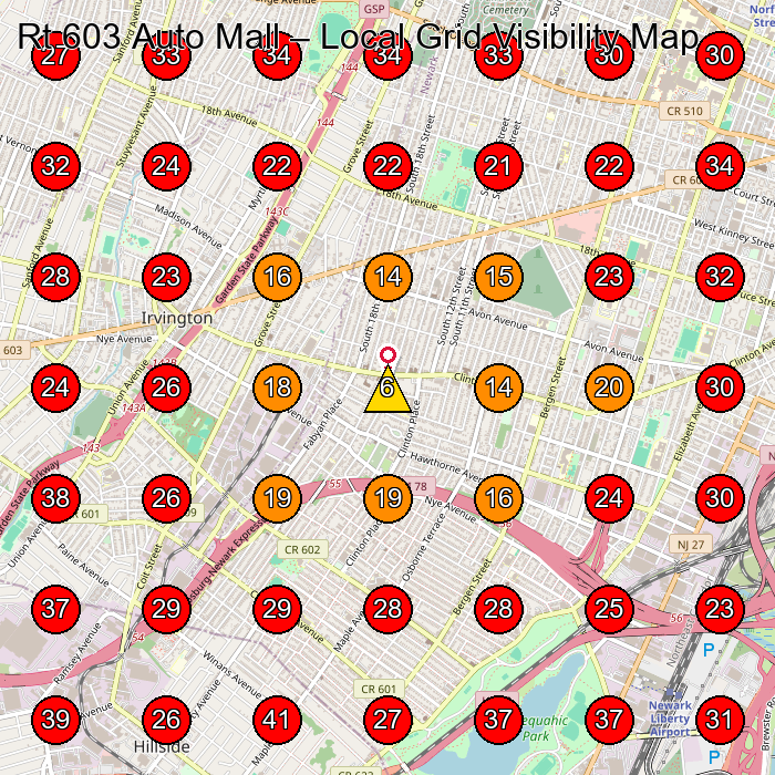 Rt 603 Auto Mall GeoGrid visibility map for Used Car Dealer in Newark